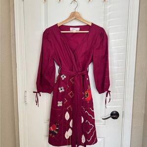 Anthropologie Magenta Embroidered Long Sleeve Wrap Dress